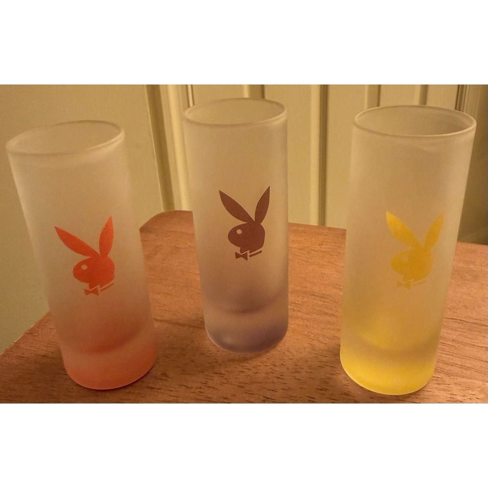 3‎ Vintage Playboy Bunny Shot Glass Frosted Orange, Yellow & Purple 4"